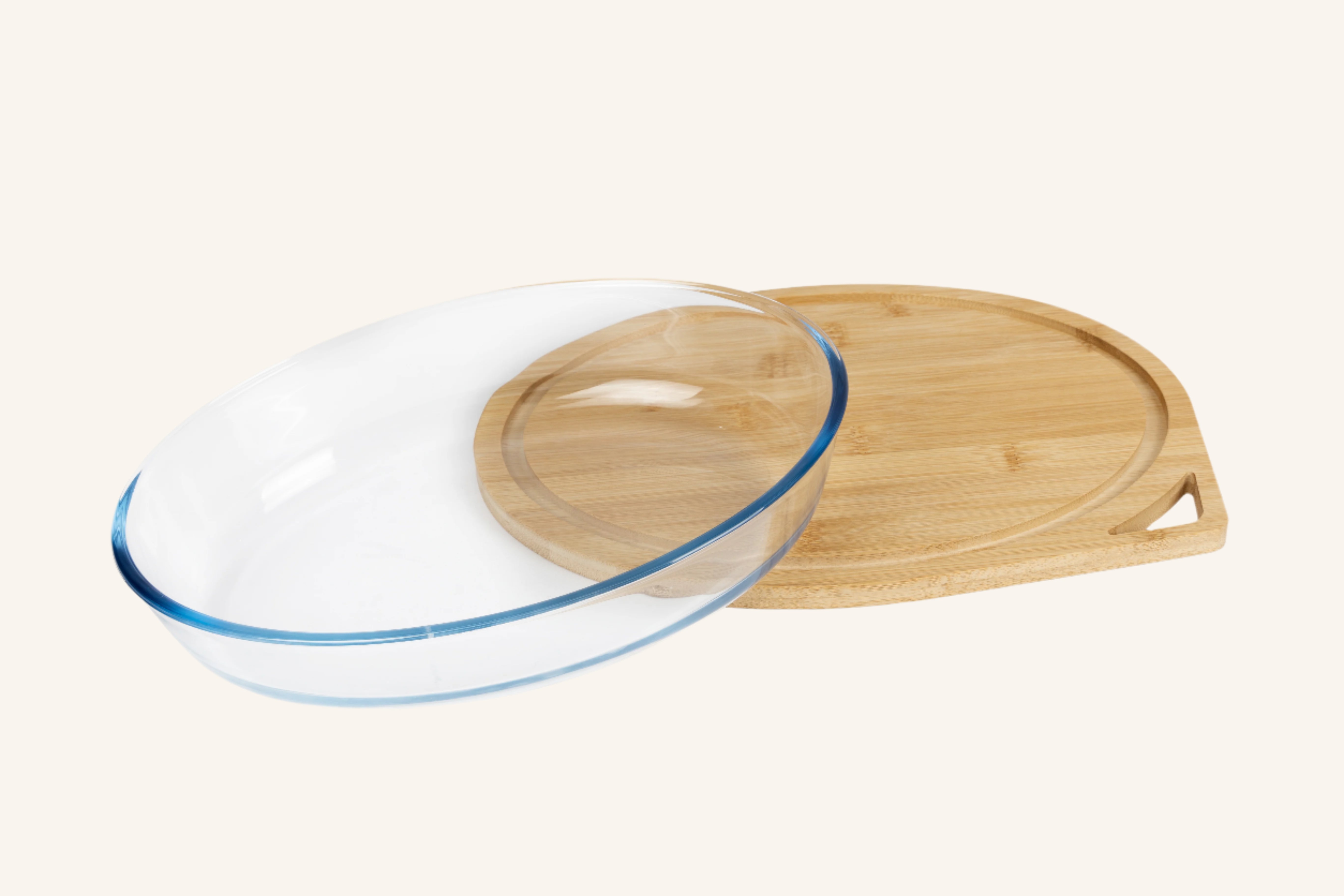 תבנית זכוכית אובלית עם מכסה קרש חיתוך